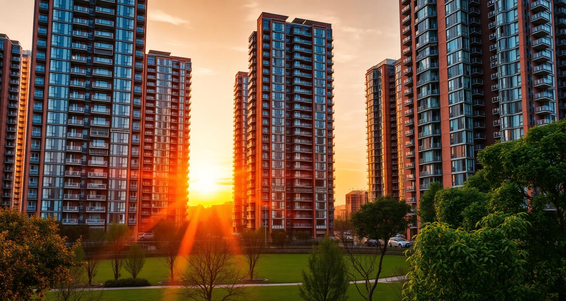 Modern residential buildings at sunset